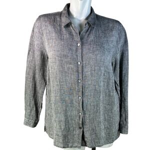 J Jill Love Linen Essential Shirt 100% Linen Gray Flat Hem Long Sleeve Shirt LRG